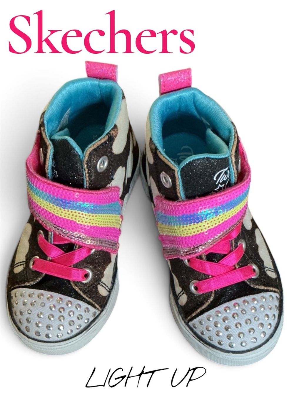 Skechers -Sz 8-Twinkle Toes Lighted High-Top Sneakers with Pink Rainbow